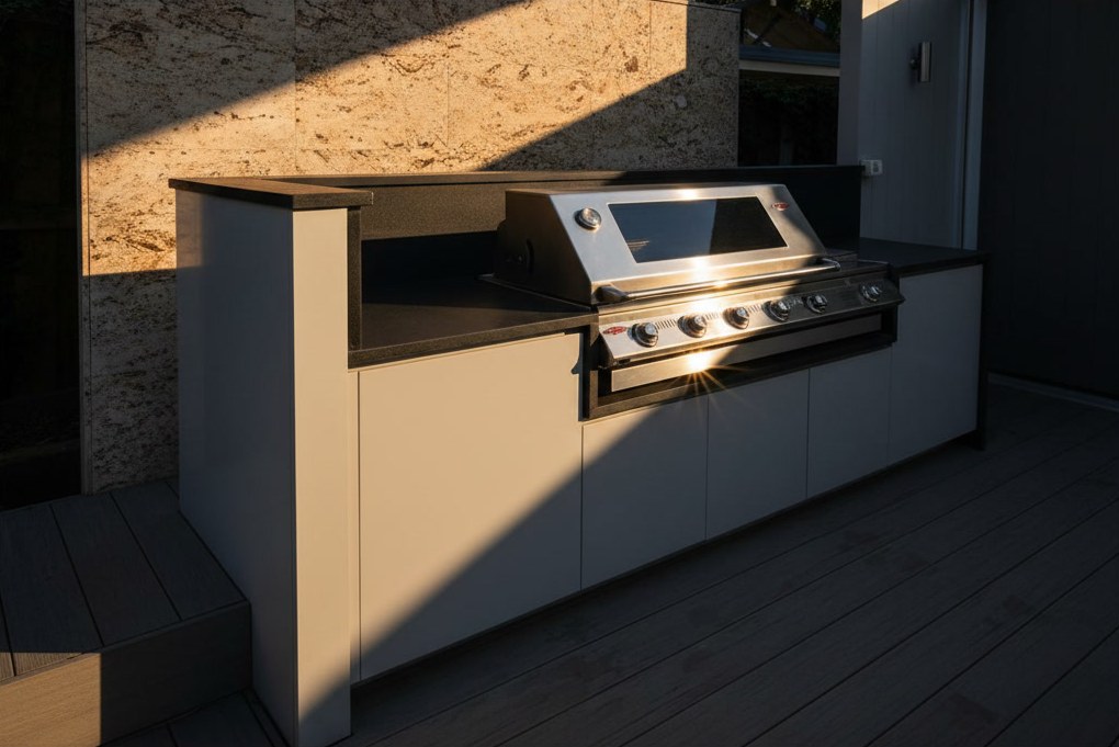 Grey outdoor kitchen with a dark matt quartzite worktop and upstand and a built-in steel gas barbecue, in raking light