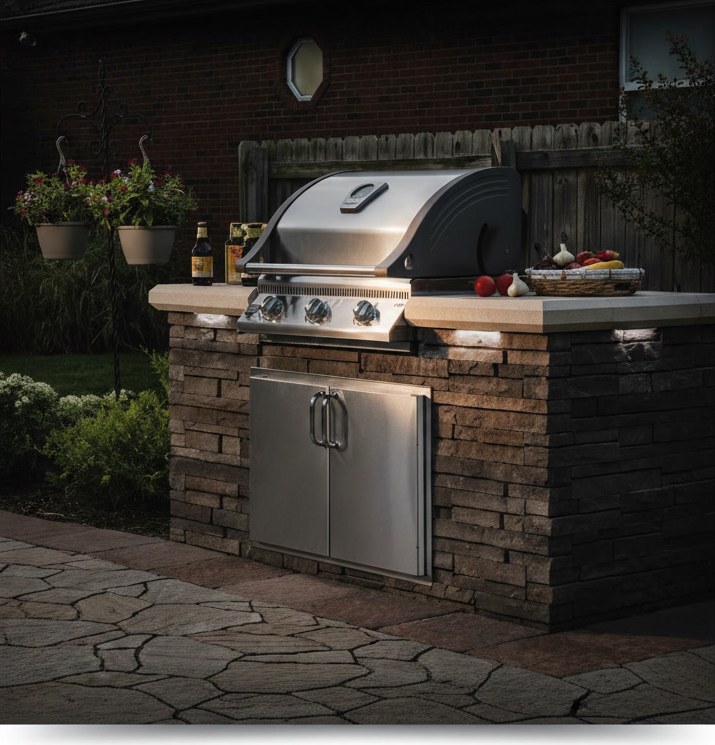 Barbecue a gas in base di pietra a vista con sportelli in acciaio, davanti alla staccionata di legno e al muro della casa