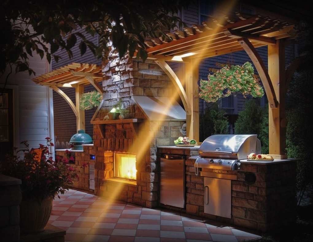 Camino in pietra con la canna oltre la pergola di legno, barbecue a gas e frigorifero nella cucina da esterno, di sera