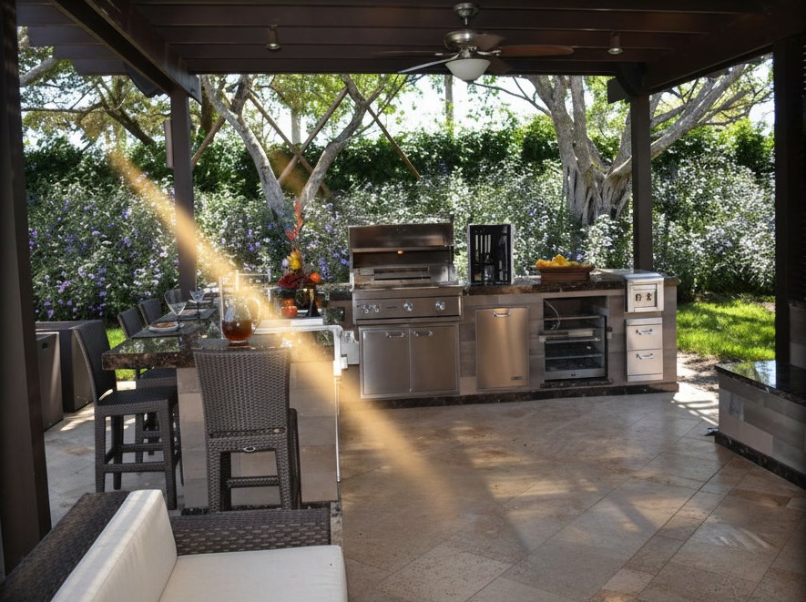 Cucina da esterno sotto una pergola scura con piano in pietra scura lucida che prosegue in un tavolo, barbecue a gas e sedute