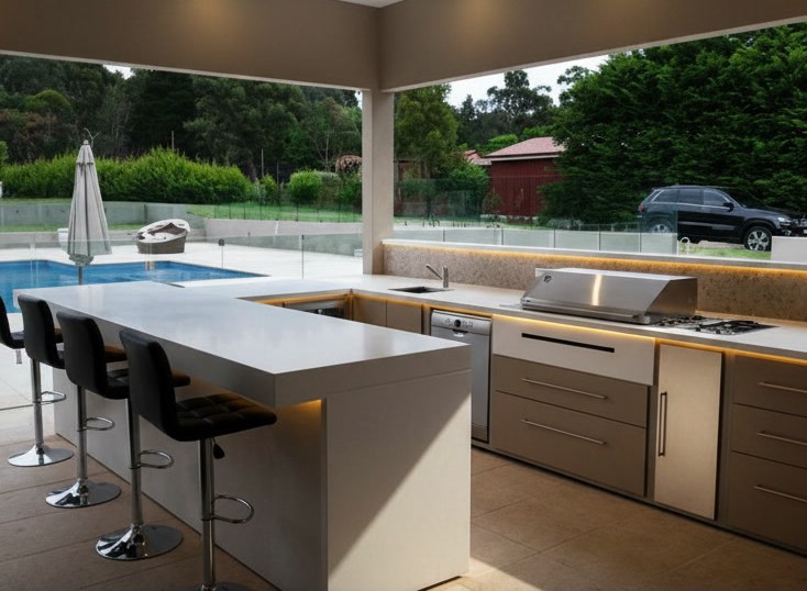 White sintered-stone bar counter with four black stools under the overhang, canopy above and pool in the background