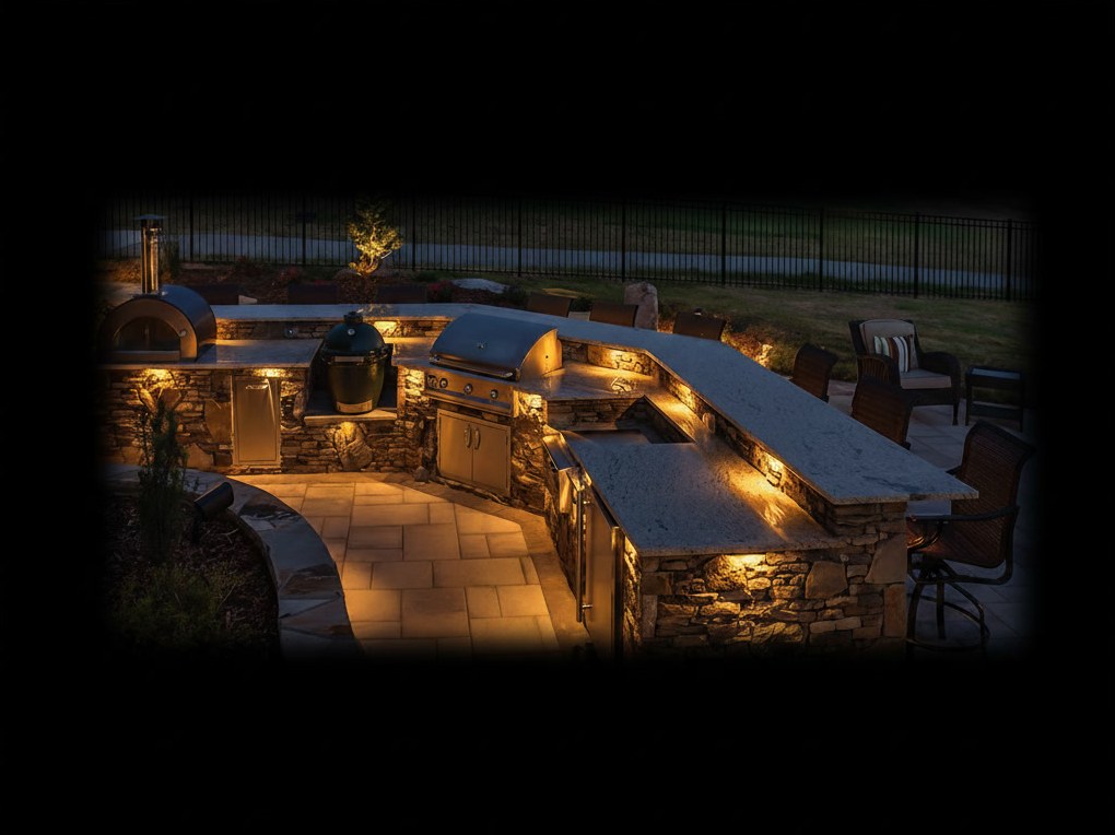 Cucina da esterno rustica di sera: base curva in pietra irregolare, piano chiaro, forno, barbecue a gas e bancone illuminato
