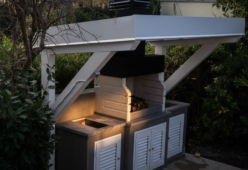 Cucina da esterno sotto una tettoia bianca in legno, con piano in marmo grigio, barbecue a legna e ante a persiana