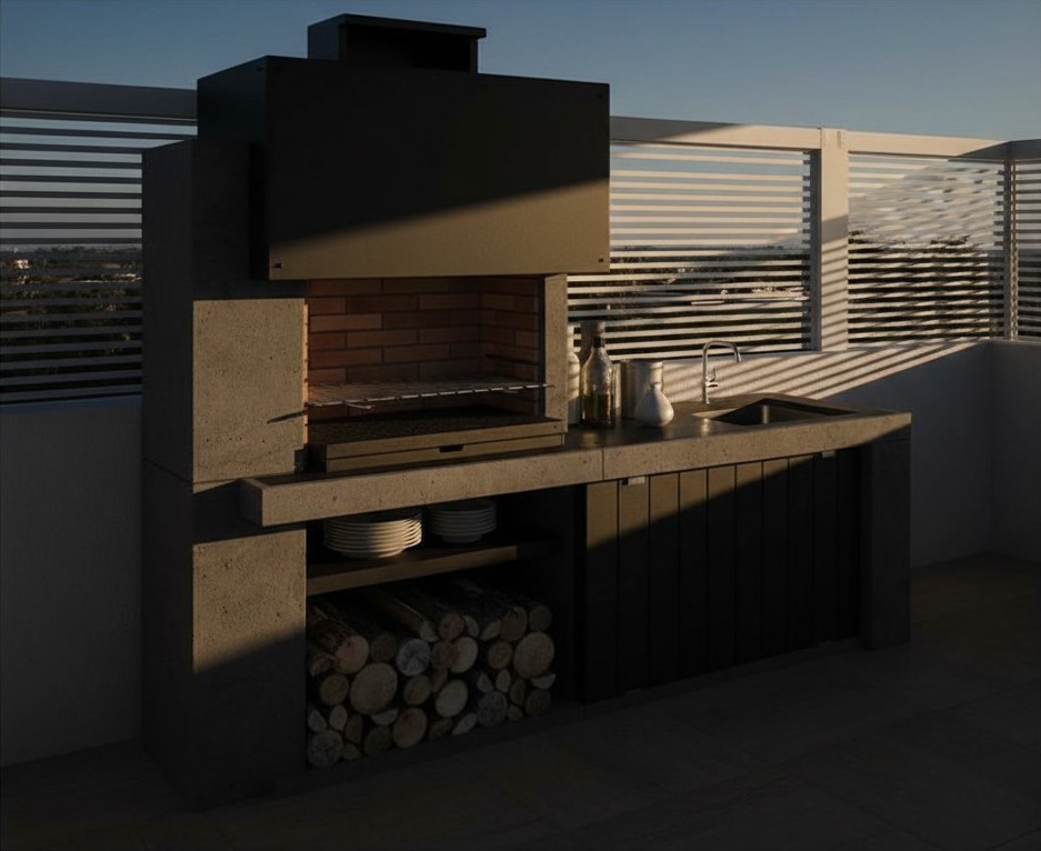 Barbecue angolare in pietra refrattaria scura con cappa, lavello e vano portalegna su un terrazzo con parapetto a doghe