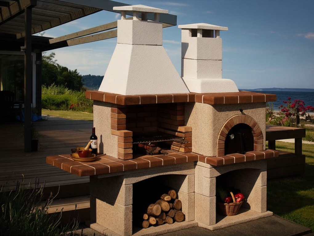 Barbecue e forno a legna in pietra refrattaria e mattoncini, con doppio camino bianco e vano per la legna, davanti al mare