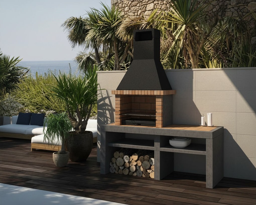 Barbecue da esterno con cappa scura, bocca ad arco in mattoncini e base in pietra refrattaria con vano legna, su terrazza