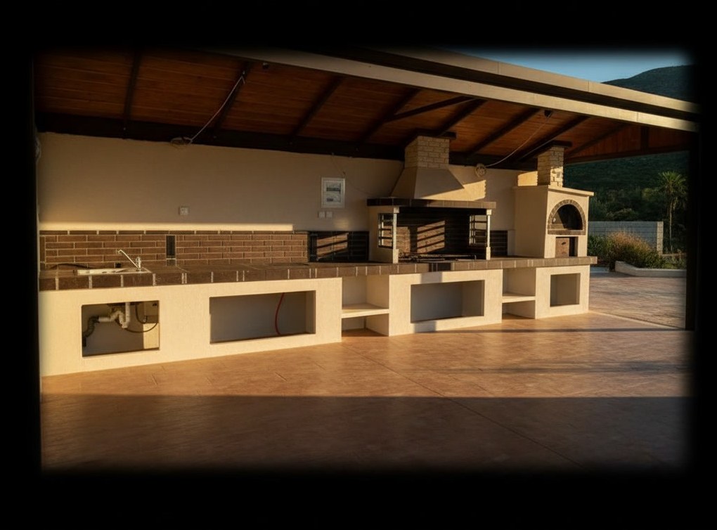 Cucina da esterno fissa in pietra refrattaria chiara sotto una veranda in legno: lavello, piani, barbecue e forno a legna