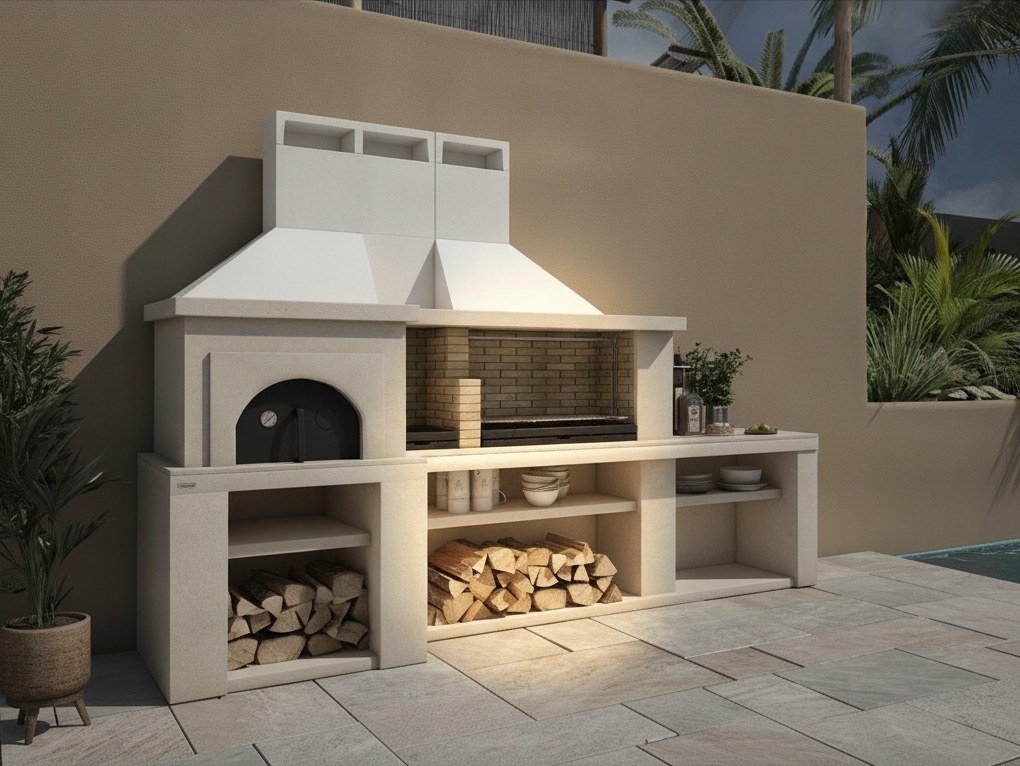 Forno con bocca ad arco e barbecue con fondale in mattoncini sotto due cappe bianche, vani portalegna nella base chiara
