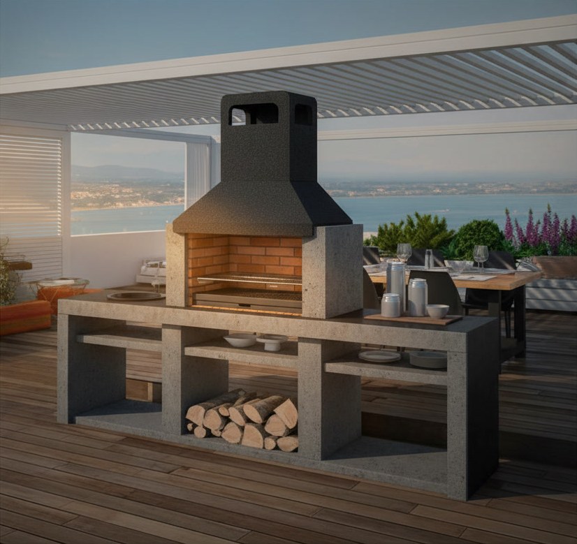 Barbecue da esterno con cappa scura, ripiani e vano portalegna su una terrazza in legno con pergola e vista sul mare