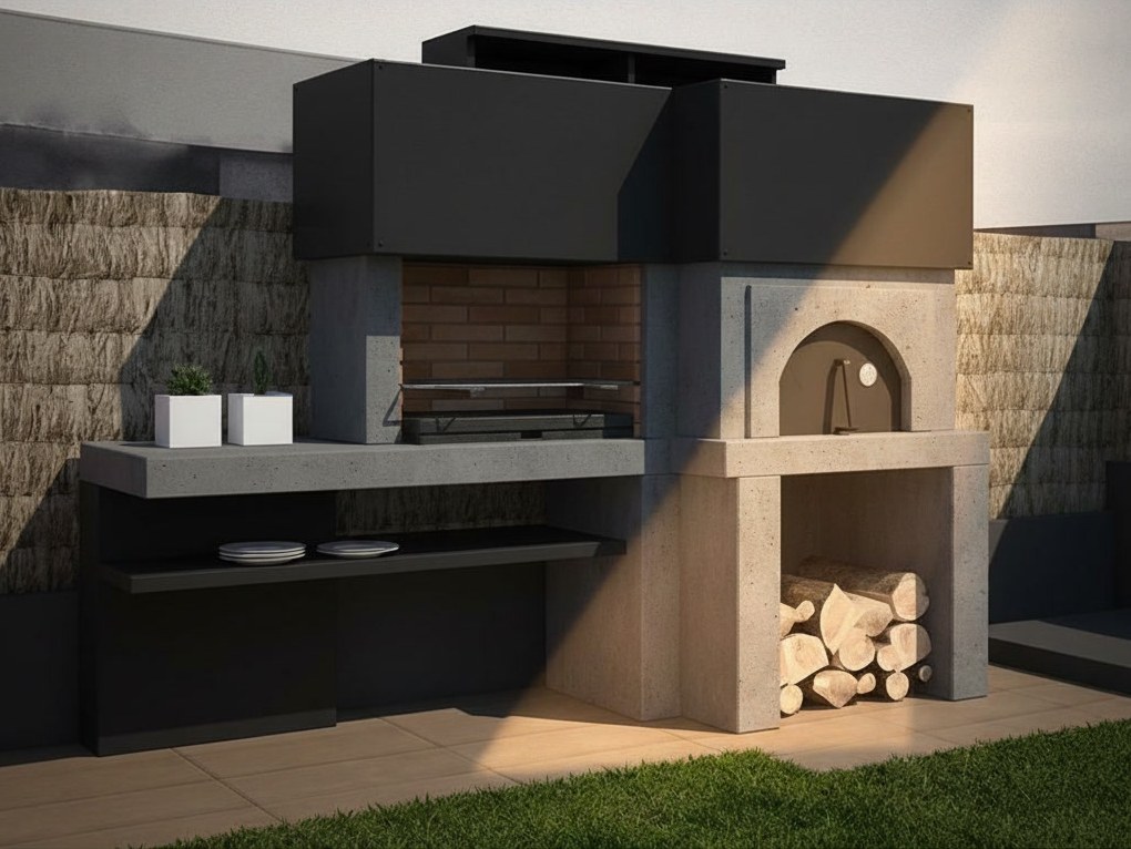 Barbecue e forno a legna in pietra grafite con cappe nere e vano legna, davanti a una recinzione di canniccio