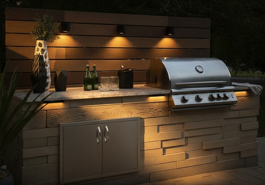 Steel gas barbecue on a base clad in pale stone, veined quartzite worktop with lights beneath its edge, at dusk