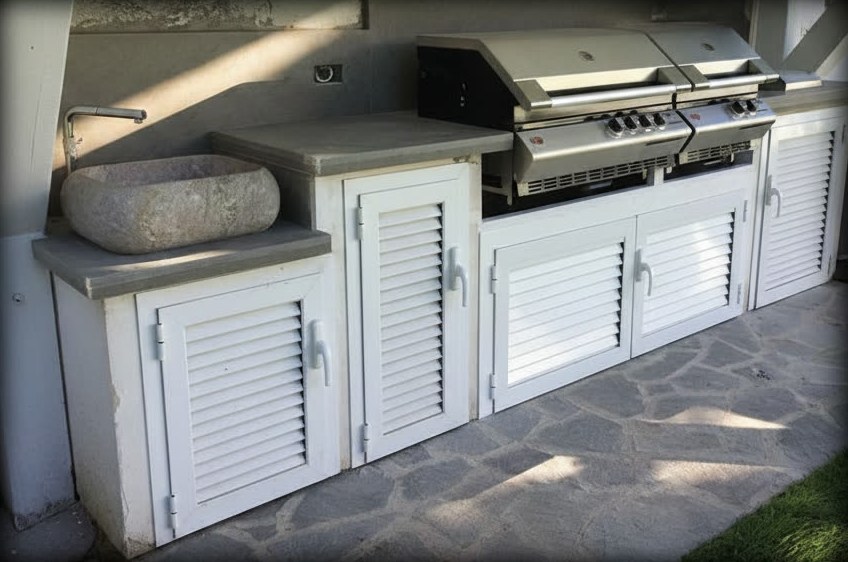 Cucina da esterno con ante bianche a persiana, piani in pietra grigia, vasca in pietra sotto il rubinetto e barbecue a gas