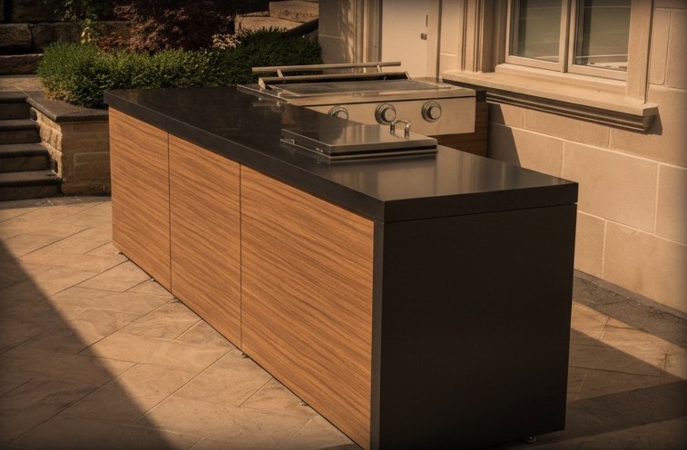 Linear outdoor kitchen with a slim-edged black worktop, a timber front and a built-in gas barbecue