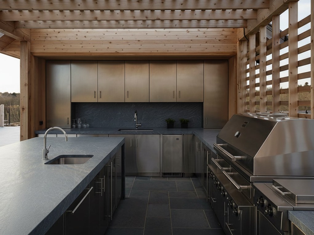 Outdoor kitchen under a timber canopy with satin steel units, dark grey stone worktops, sink and barbecue