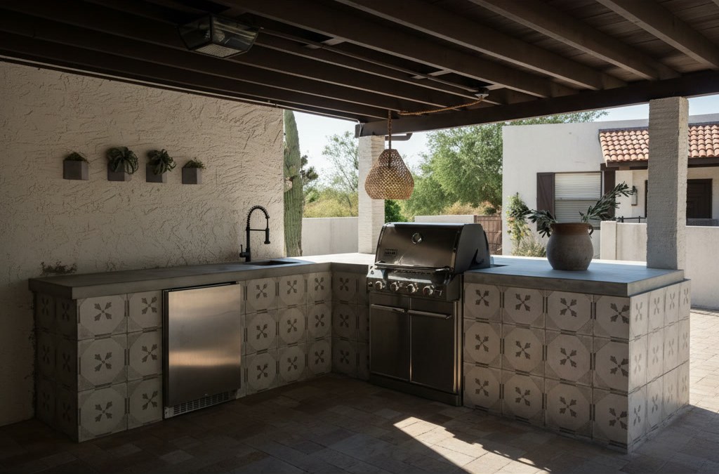 Cucina da esterno sotto un portico con fronti in maiolica decorata, piano grigio in tinta unita e barbecue in acciaio