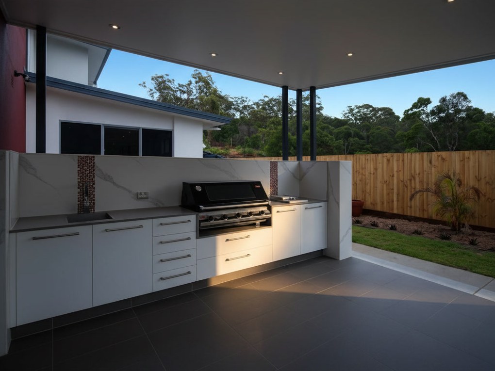 Covered outdoor kitchen with a white veined sintered stone wall, grey worktop and built-in barbecue