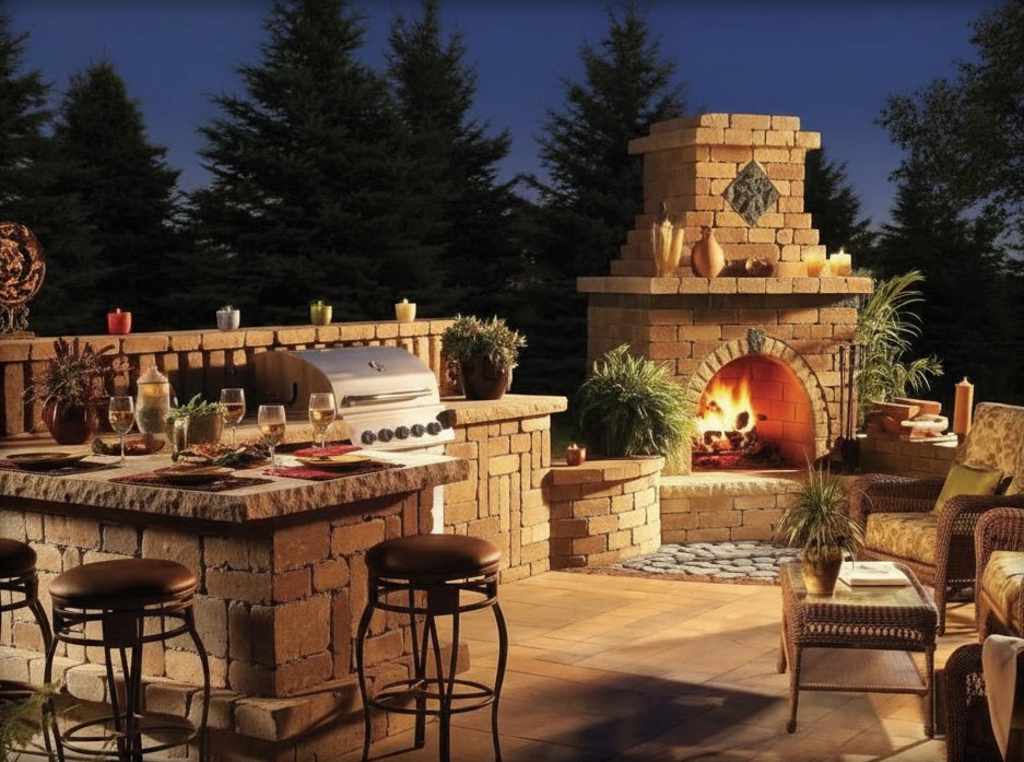 Cucina da esterno in pietra grezza con bancone apparecchiato e sgabelli in ferro, barbecue incassato e grande camino acceso