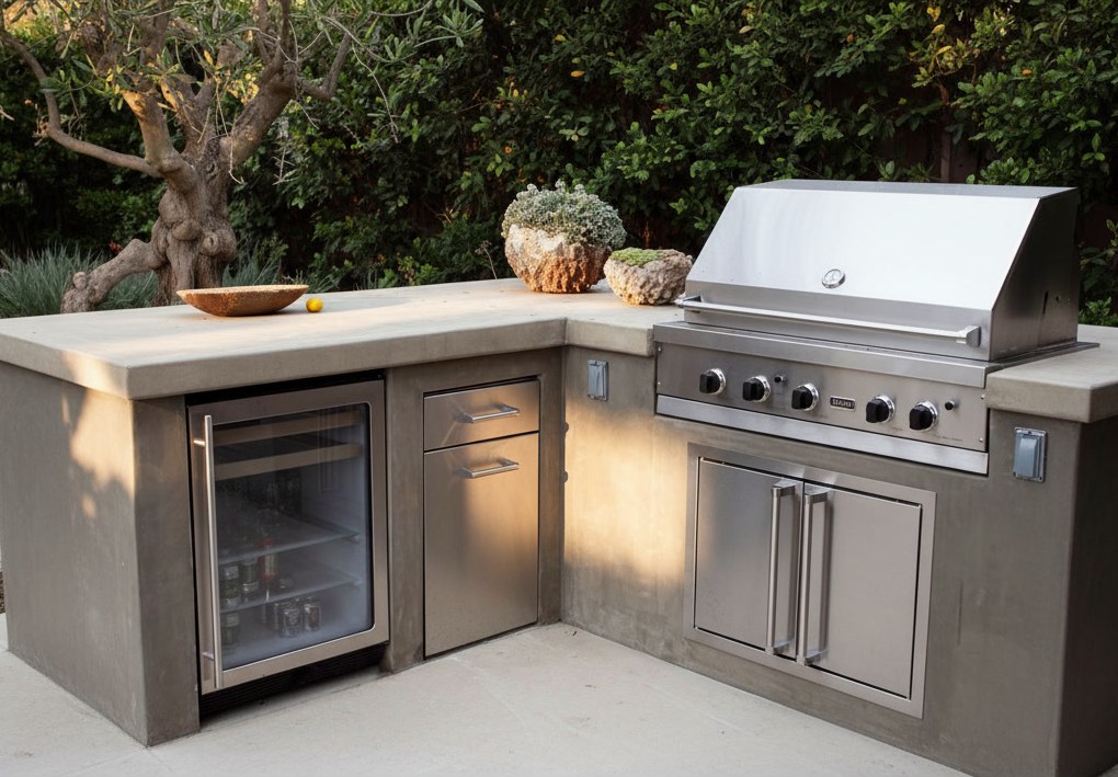 Cucina da esterno ad angolo in pietra refrattaria levigata grigia con barbecue a gas e frigorifero, sotto un ulivo