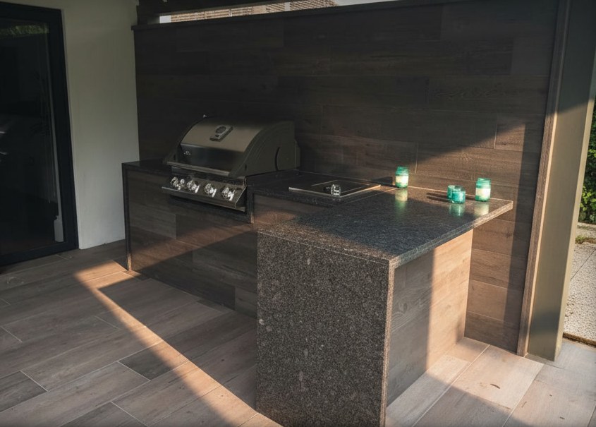 Cucina da esterno con piano in granito scuro a due livelli e fianco a cascata, barbecue a gas incassato, sotto una pergola