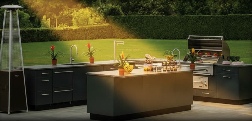 Cucina da esterno con isola centrale dal piano in granito e moduli scuri con lavello e barbecue, su un prato con siepi