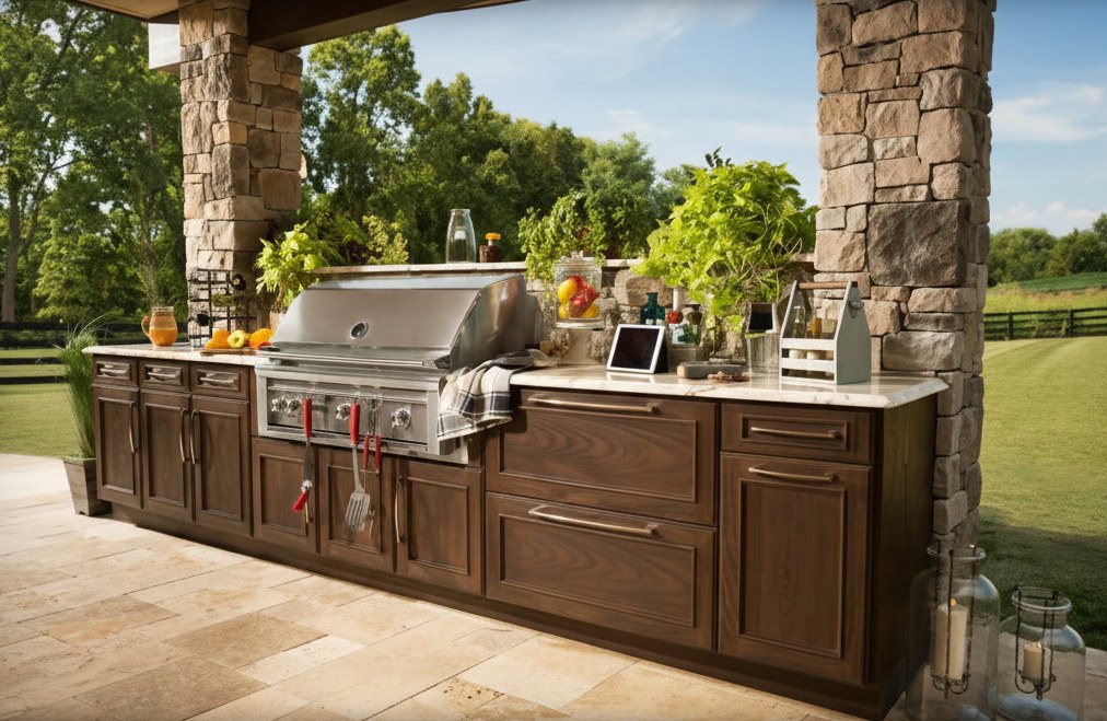 Cucina da esterno sotto un portico fra due colonne di pietra, basi in legno noce, piano chiaro e barbecue a gas incassato