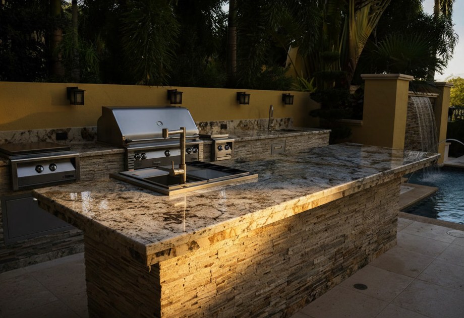 Cucina da esterno a isola con piano in pietra naturale venata, barbecue a gas in acciaio e piscina con cascata sullo sfondo