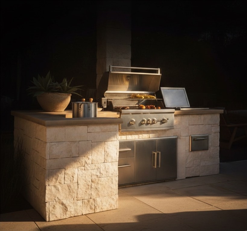 Cucina da esterno in pietra bianca a blocchi con barbecue da incasso, cassetti e sportelli in acciaio, nella luce radente
