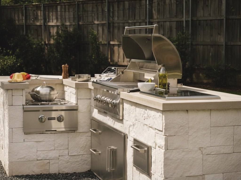 Cucina da esterno rivestita in blocchi di pietra bianca a spacco, con piano chiaro, barbecue in acciaio aperto e fornello