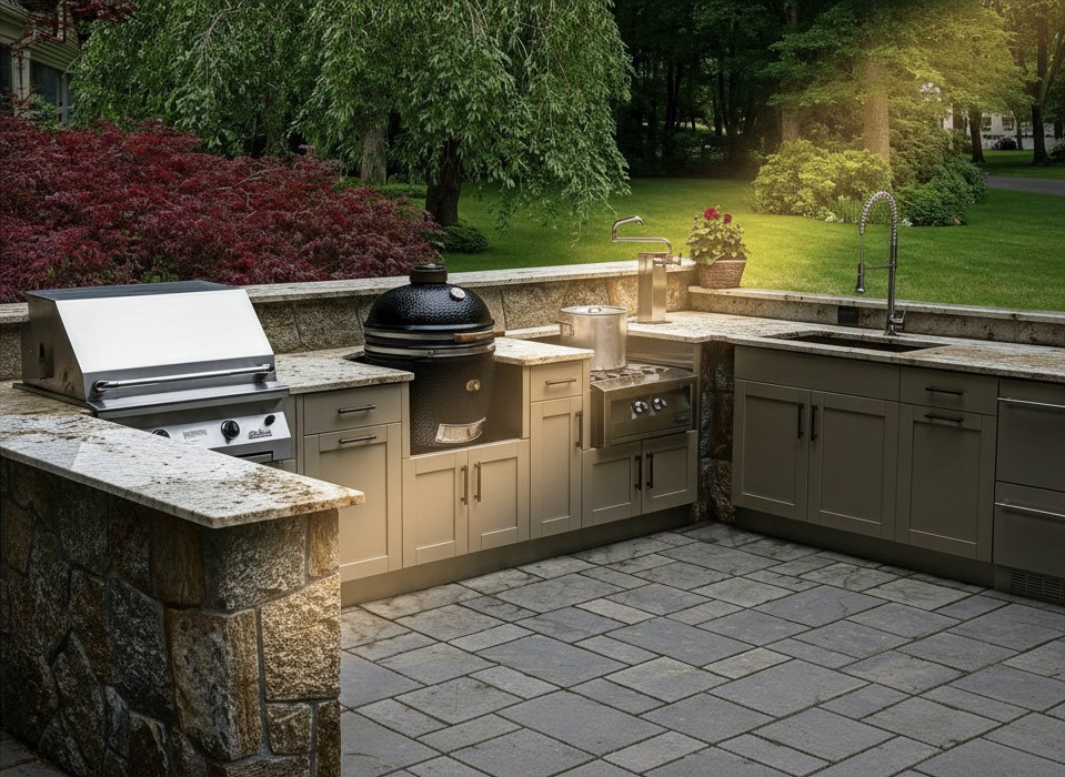 Cucina da giardino ad angolo con piano in granito chiaro, basi in pietra, barbecue, griglia tonda e lavello, prato dietro