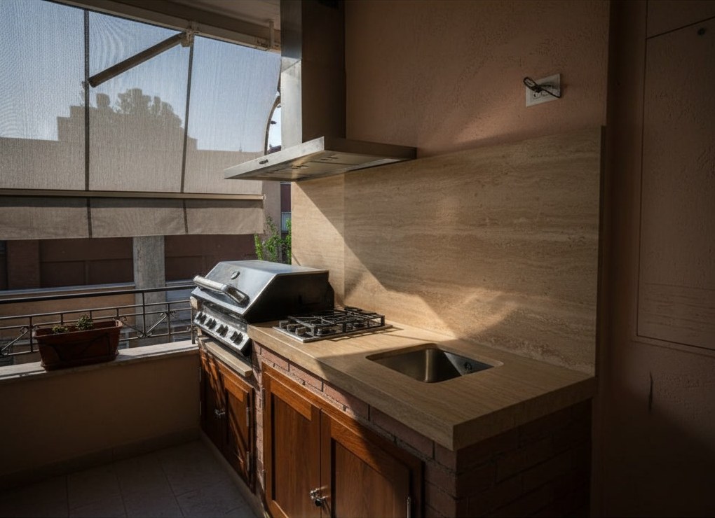 Cucina da esterno su un terrazzo con parete rivestita in travertino a bande, cappa in acciaio, barbecue a gas e lavello
