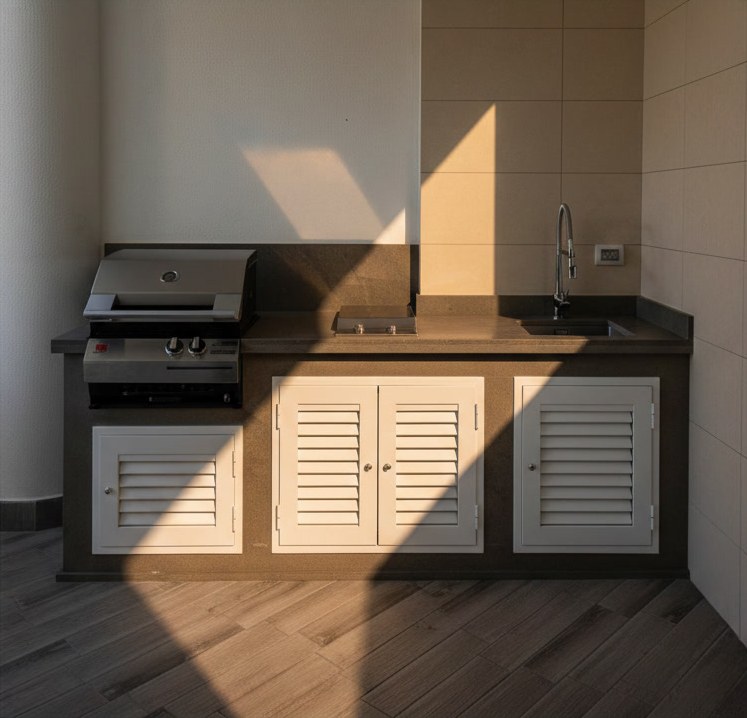 Cucina da esterno compatta su un terrazzo: barbecue a gas, fuochi e lavello su piano in pietra scura, ante bianche a doghe