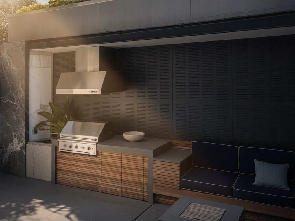Outdoor Tech kitchen in graphite Dekton and wooden slats, with a built-in gas barbecue and steel extractor hood