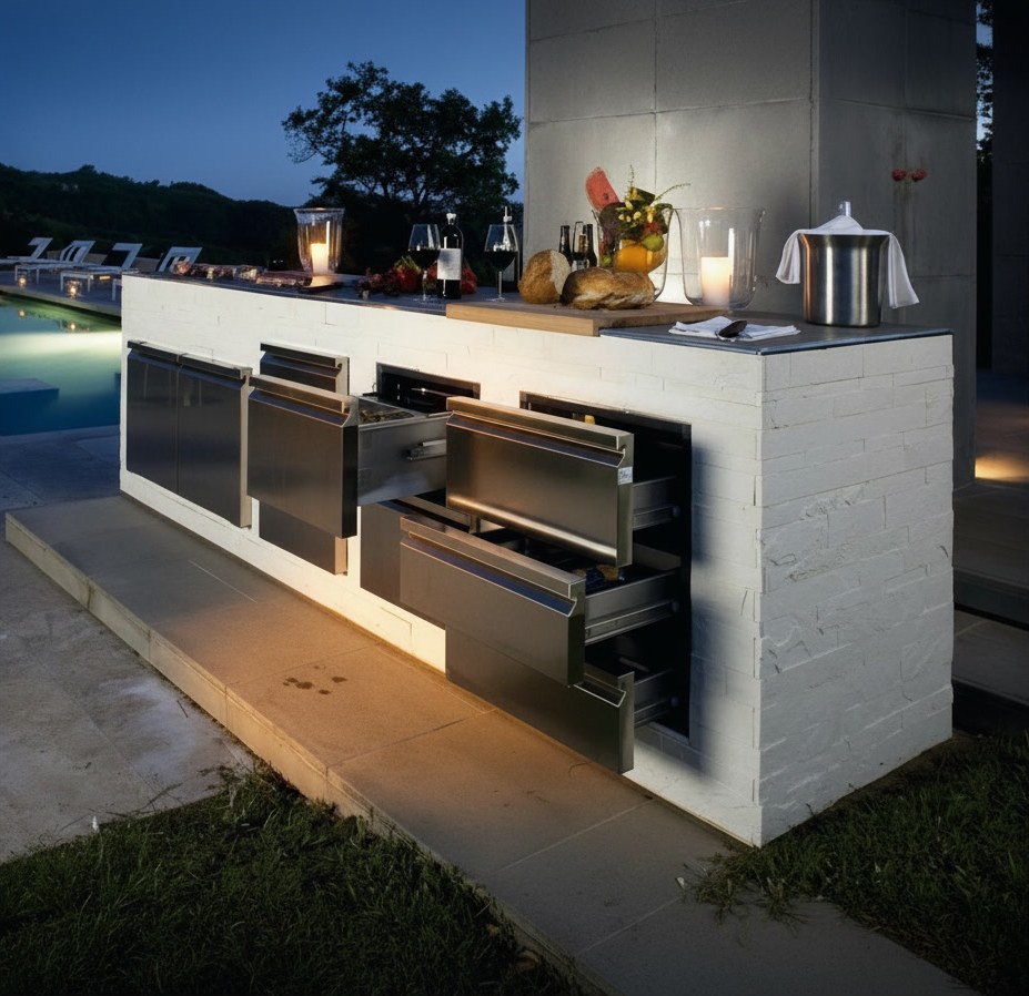 Poolside island clad in white stone, with built-in steel drawers and doors and a dark top set with bottles