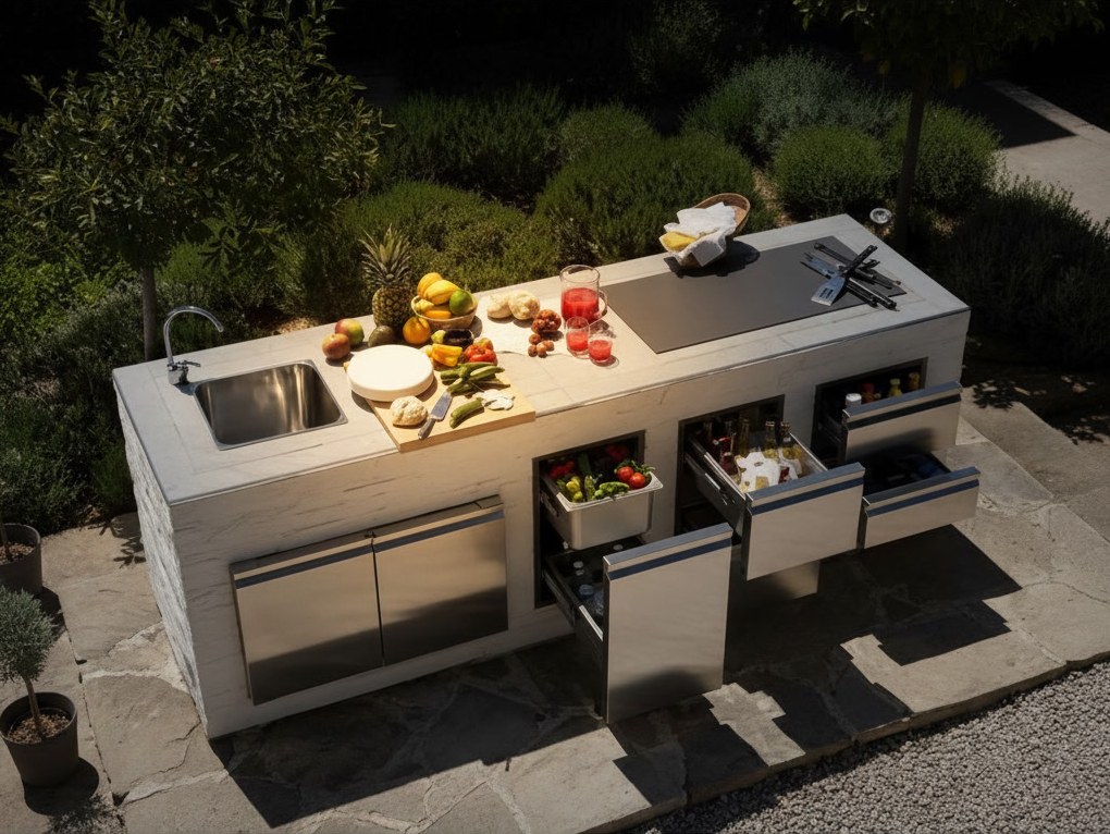 Isola da giardino in pietra chiara vista dall'alto, con lavello, piastra e cassetti refrigerati, su lastre di pietra e ghiaia