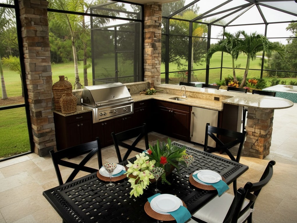 Cucina da esterno ad angolo con piano in granito chiaro stondato, barbecue in acciaio, pilastri in pietra e palme sul prato