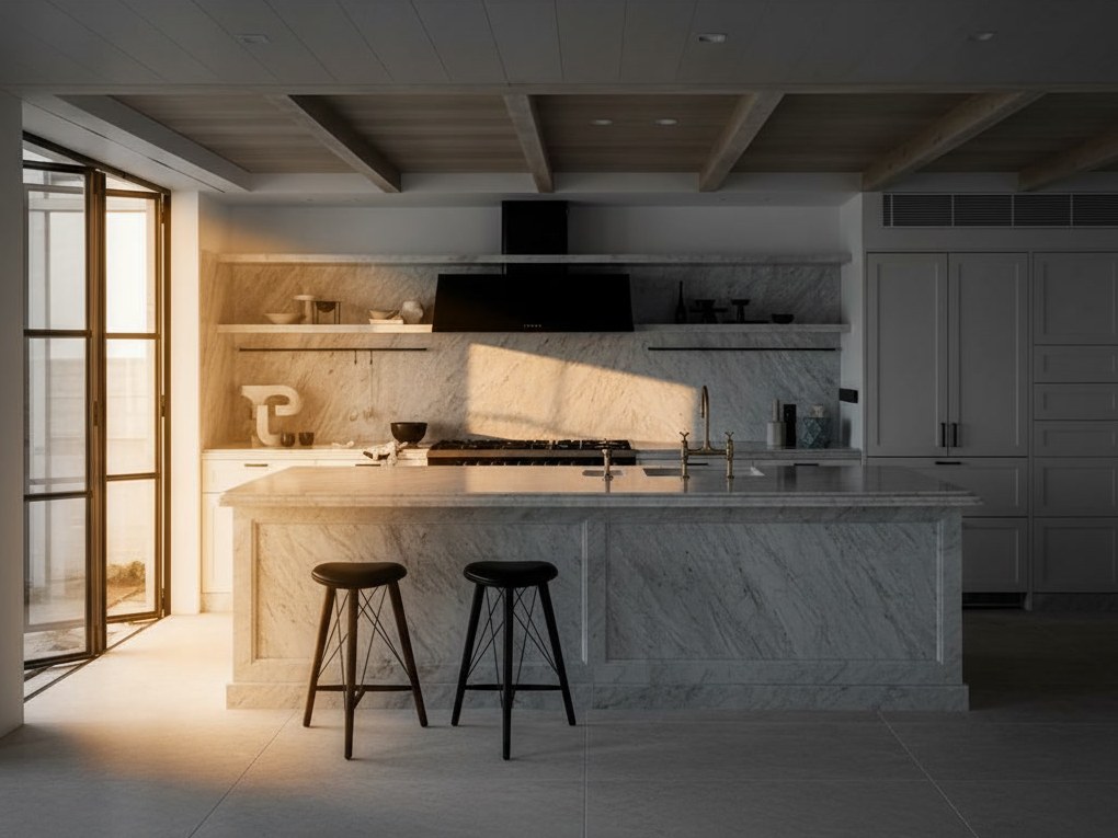 Cucina con isola e schienale in marmo di Carrara, cappa nera a contrasto, due sgabelli scuri e travi chiare a soffitto