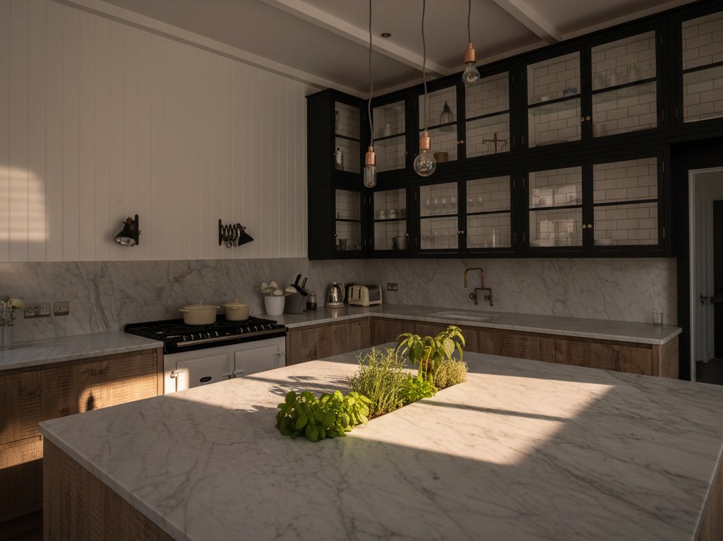 Cucina con isola e piani in marmo di Carrara su basi in legno grezzo, pensili neri a vetrina ed erbe fresche al centro