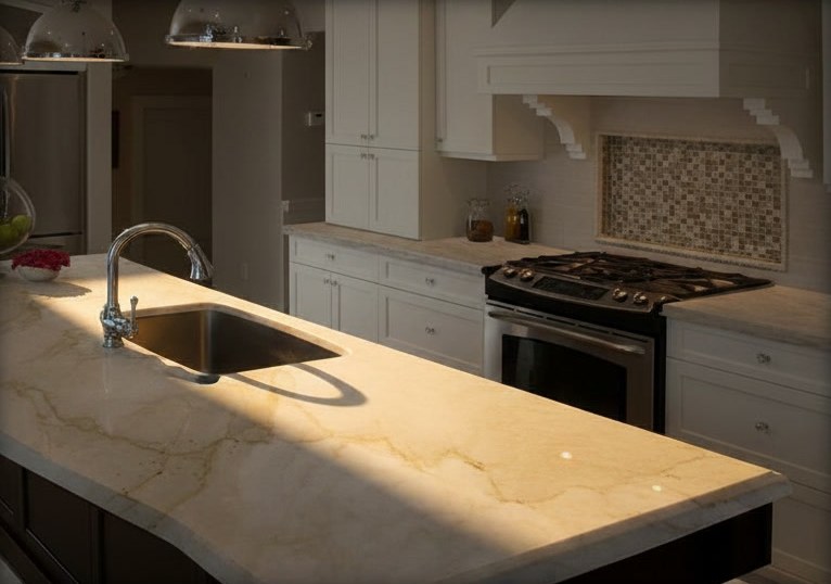Piano dell'isola in marmo Botticino color avorio con vena dorata e lavello incassato, davanti a una cucina classica bianca