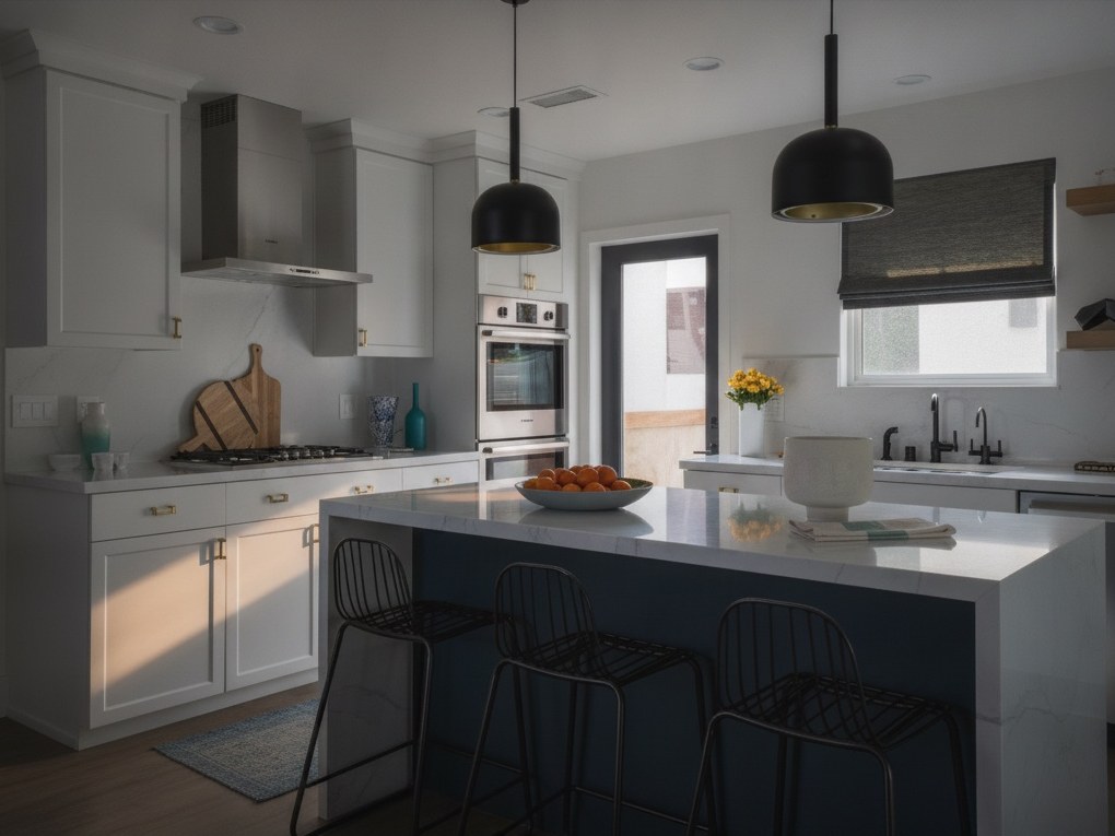 Cucina in legno laccato bianco con isola blu, piano in marmo bianco che scende a cascata sui fianchi e sgabelli neri