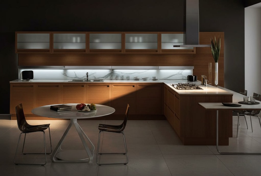 Cucina a L in legno color ciliegio con top in marmo bianco, schienale venato illuminato e pensili in vetro satinato