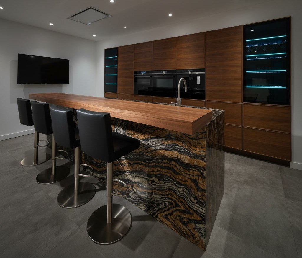 Isola cucina con fronte e fianco in quarzite scura dalle vene ondulate color oro, bancone in legno, sgabelli neri e armadiatura in noce