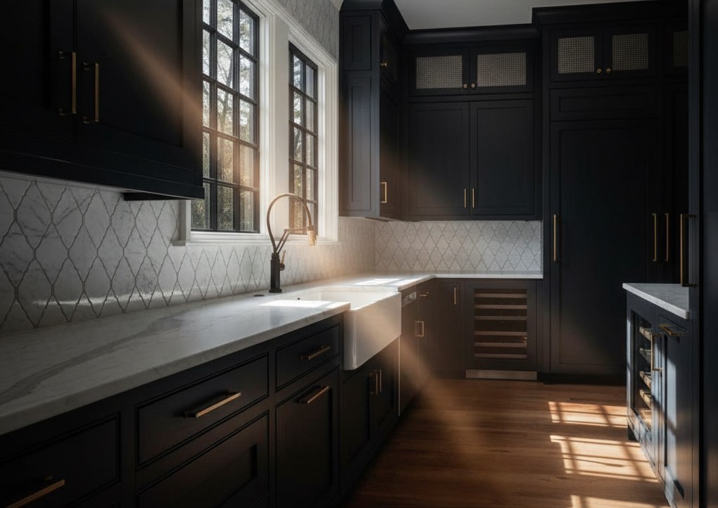 Cucina laccata nera con ante a telaio e maniglie color ottone, piano in marmo bianco venato e lavello bianco a vista