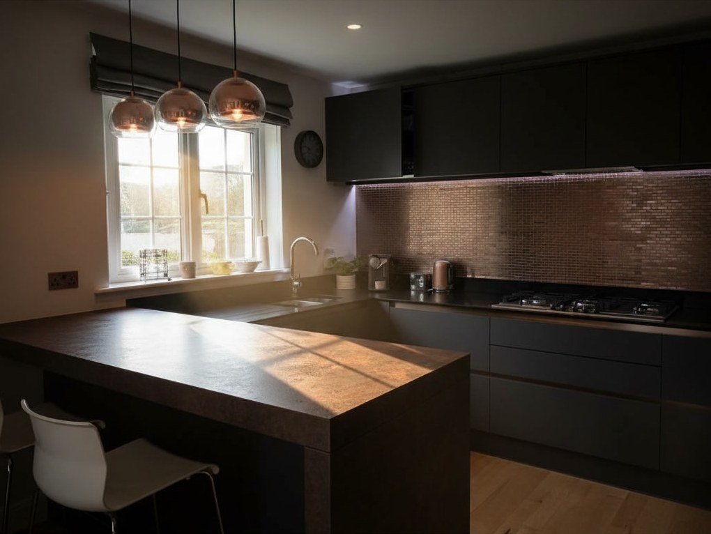 Cucina a U con ante antracite, penisola con piano in Laminam scuro effetto pietra dal fronte alto e mosaico color rame