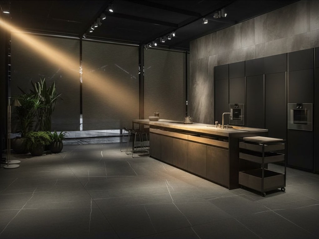 Lunga isola rivestita in Laminam con lavello e piano a induzione, colonne scure con forni e carrello in metallo