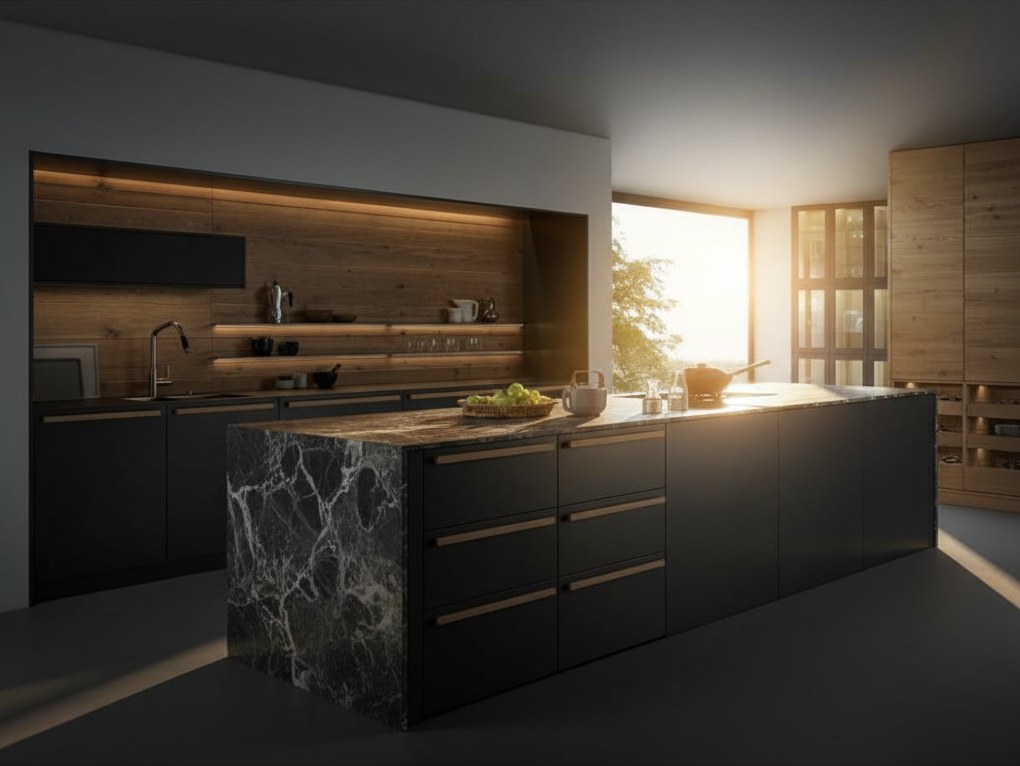 Isola nera con piano in Laminam scuro venato che scende a cascata sul fianco e cassetti con profili color rame