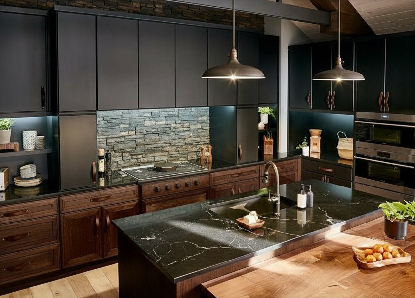 Cucina in noce massello con isola dal piano in marmo scuro venato, fascia in pietra a spacco e travi di legno a vista
