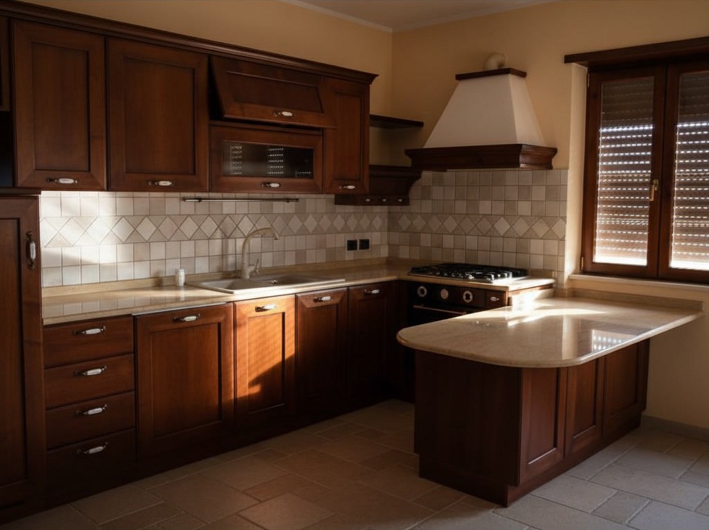 Cucina in noce con penisola, piano in marmo chiaro e parete rivestita di piastrelle decorate a rombi