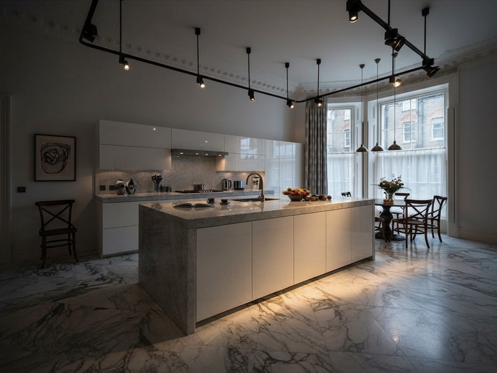 Cucina in una sala dai soffitti alti con cornici, isola con piano e fianco in marmo grigio, abbinati al pavimento in marmo
