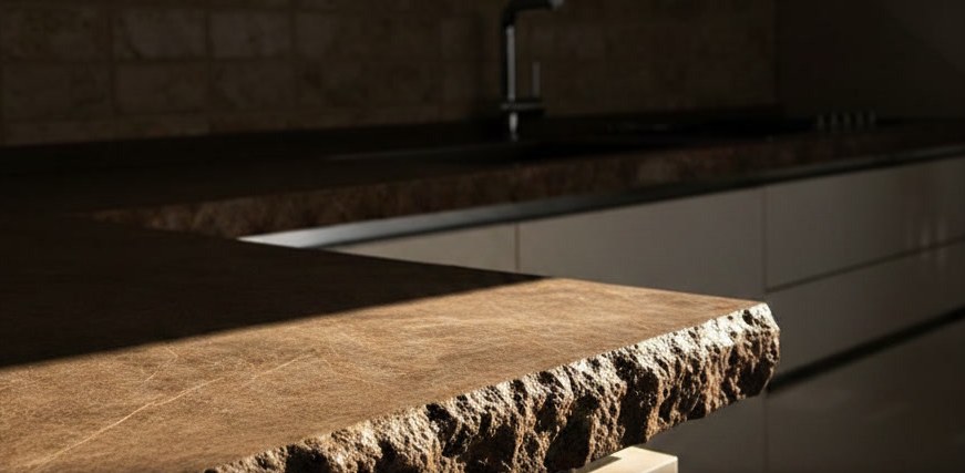 Piano cucina in pietra bruna con superficie levigata e bordo lasciato a spacco naturale, lavello sullo sfondo