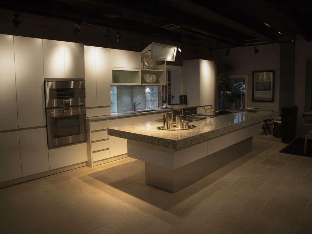 Cucina bianca con grande isola dal piano in granito chiaro su base rastremata, colonne con forni in acciaio